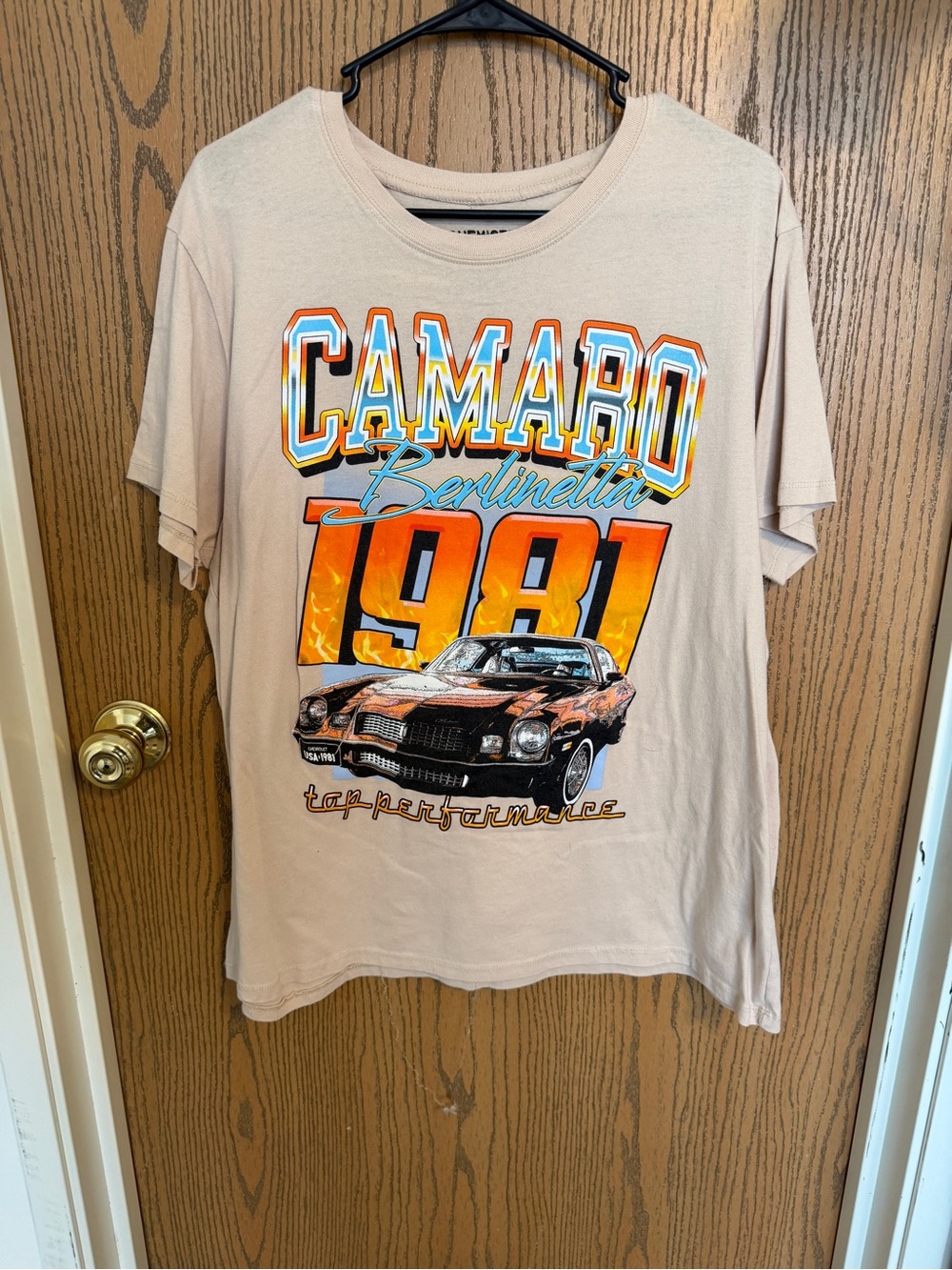 Chemistry Beige Tee with Orange and Blue Retro Print